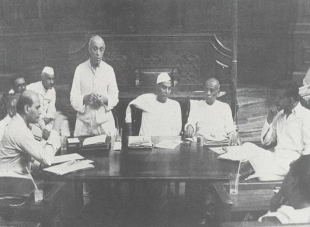 Jawaharlal Nehru addressing a meeting of a committee of the Constituent Assembly.
